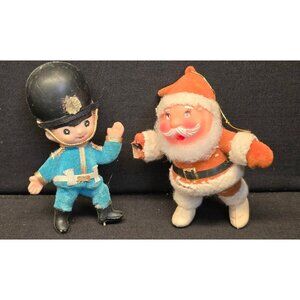 Vintage MCM Flocked Santa and Toy Soldier Figurine Christmas Ornament Decor
